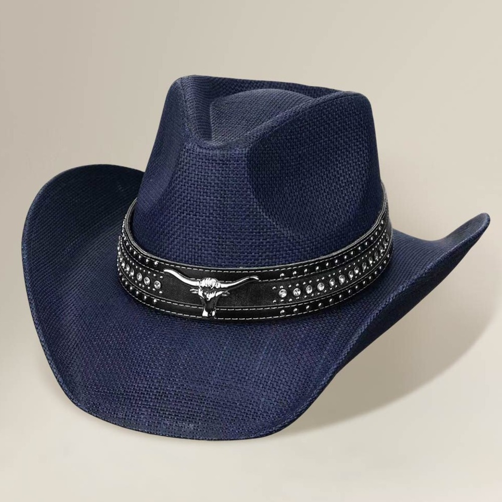 Metal Steer Head Emblem Studded Leather Band Western Straw Cowboy Fedora Hat